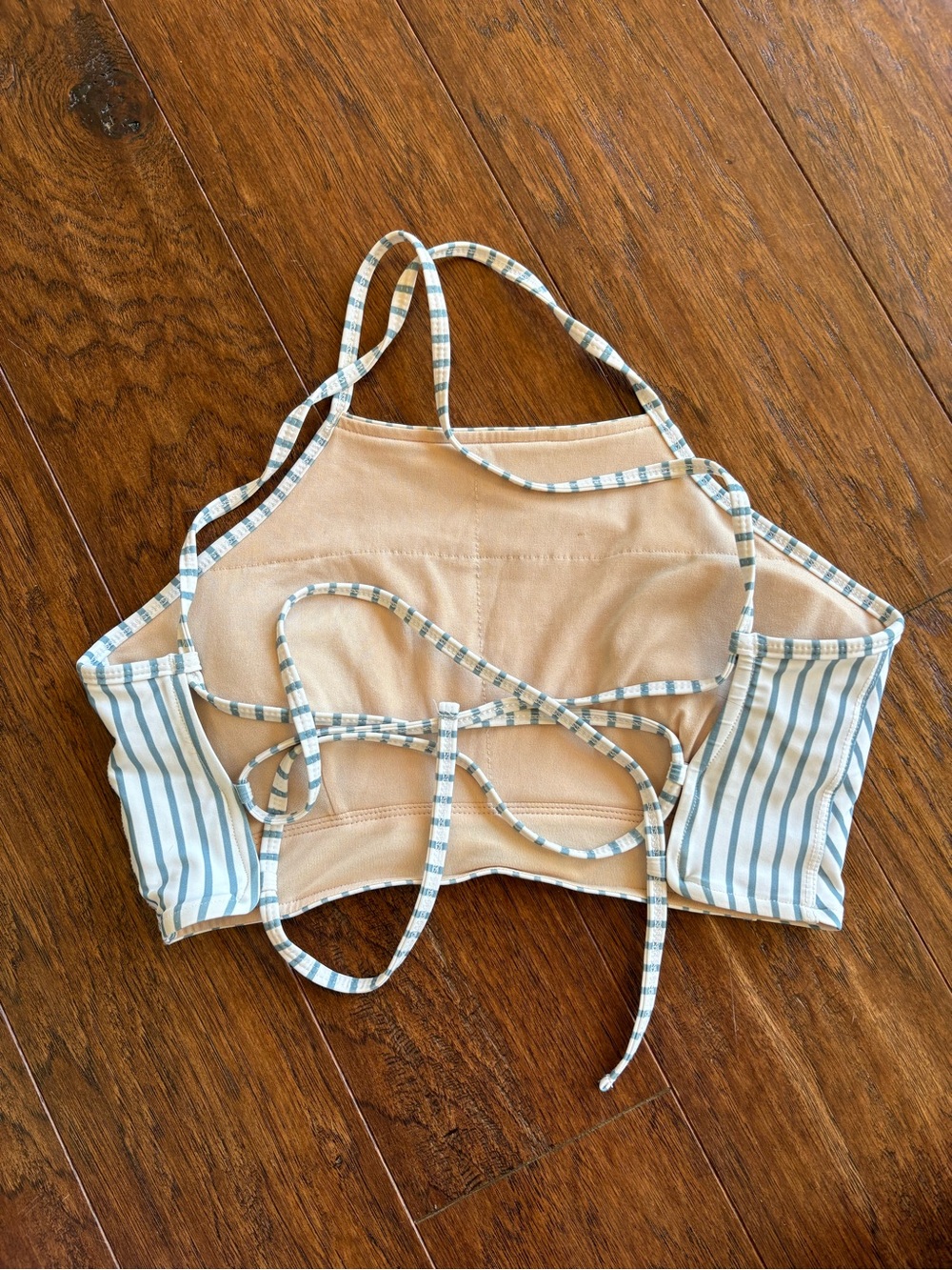 Albion Striped Switchback Swim Crop in White and Pale Blue - Picture 2 of 3